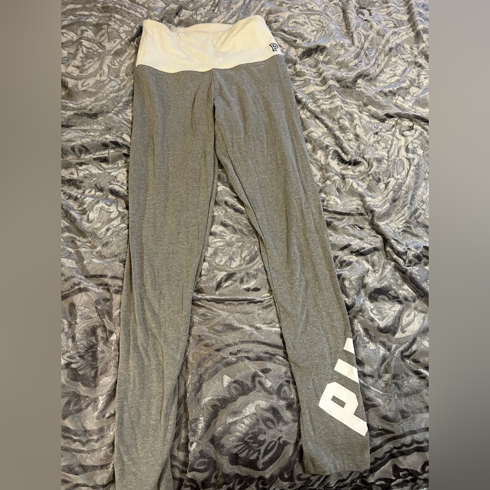 PINK grey leggings with white waste band